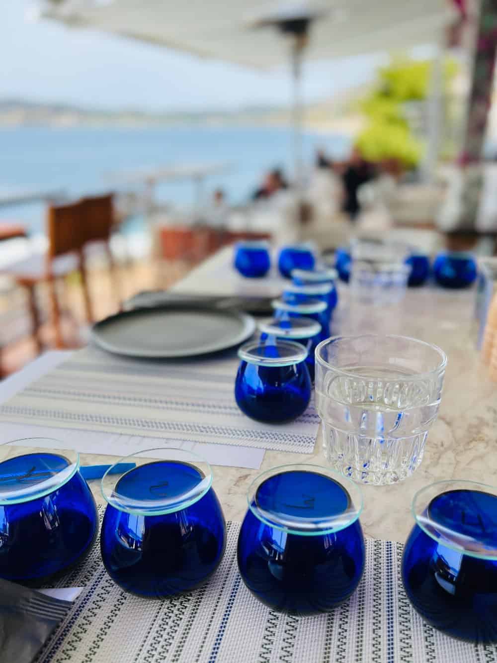 Blue glasses on table with ocean in background. 