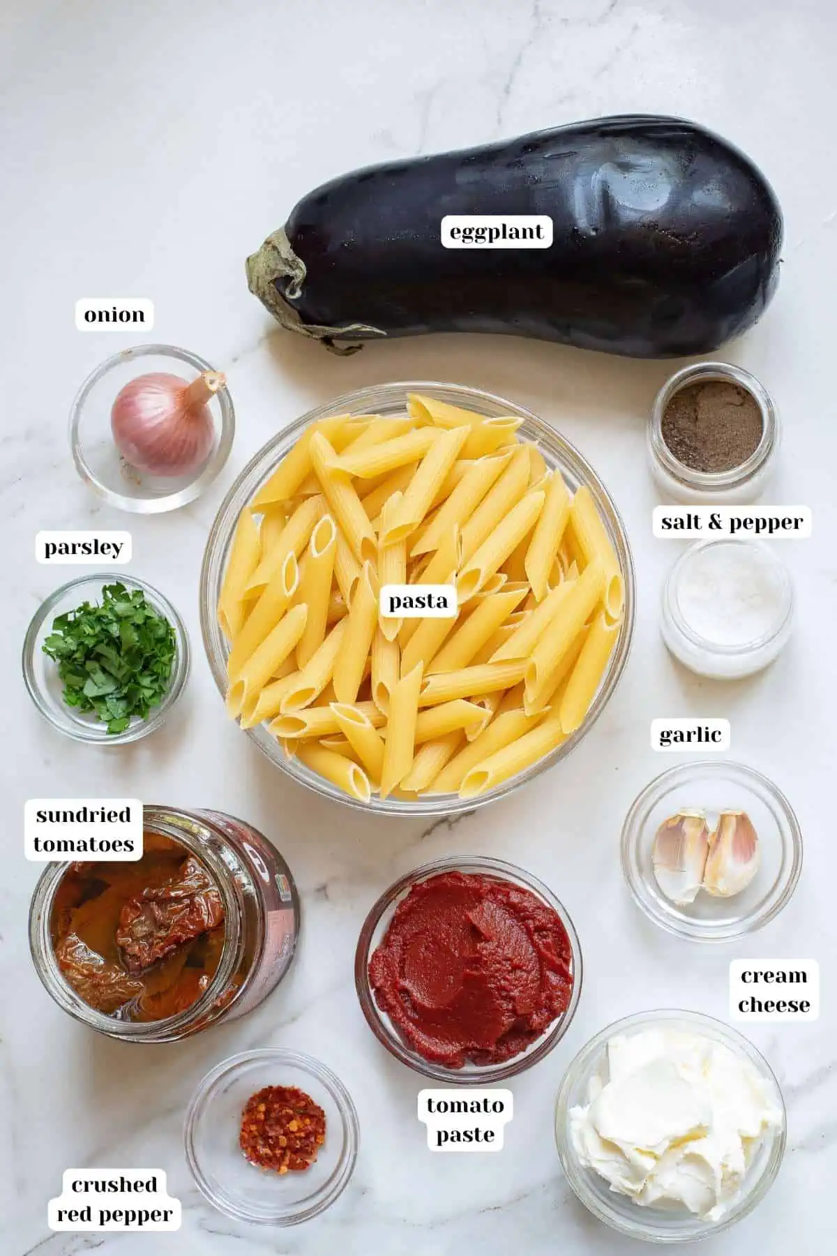Ingredients to make an easy recipe for pasta alla norma.