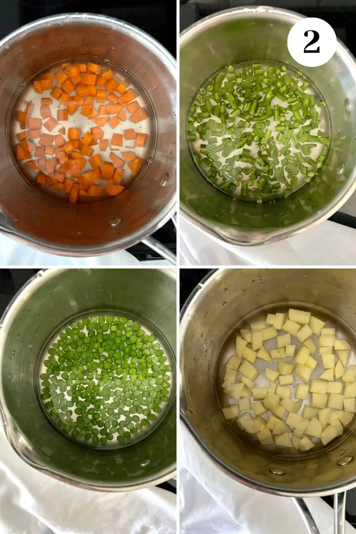 A collage showing cooking the vegetables individually in a pot.