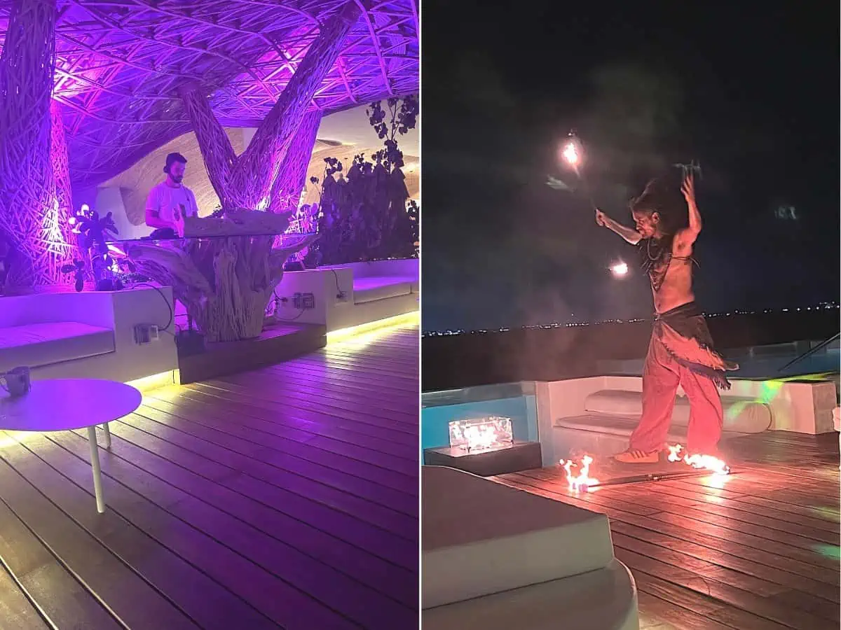Collage of a DJ and a firedancer on the rooftop at Impression Isla Mujeres. 