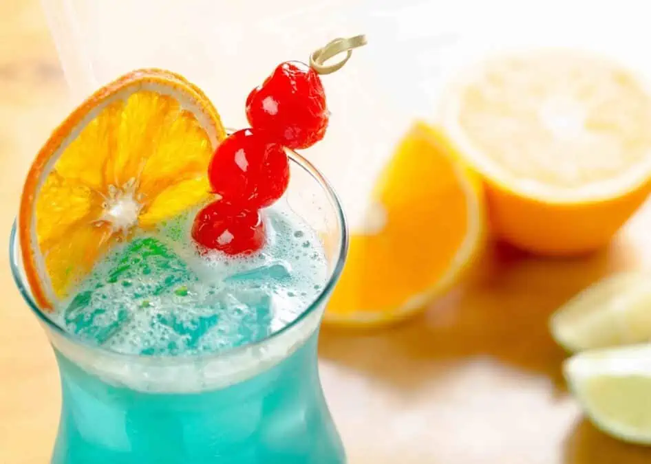 Close-up of a Blue Lagoon cocktail. 