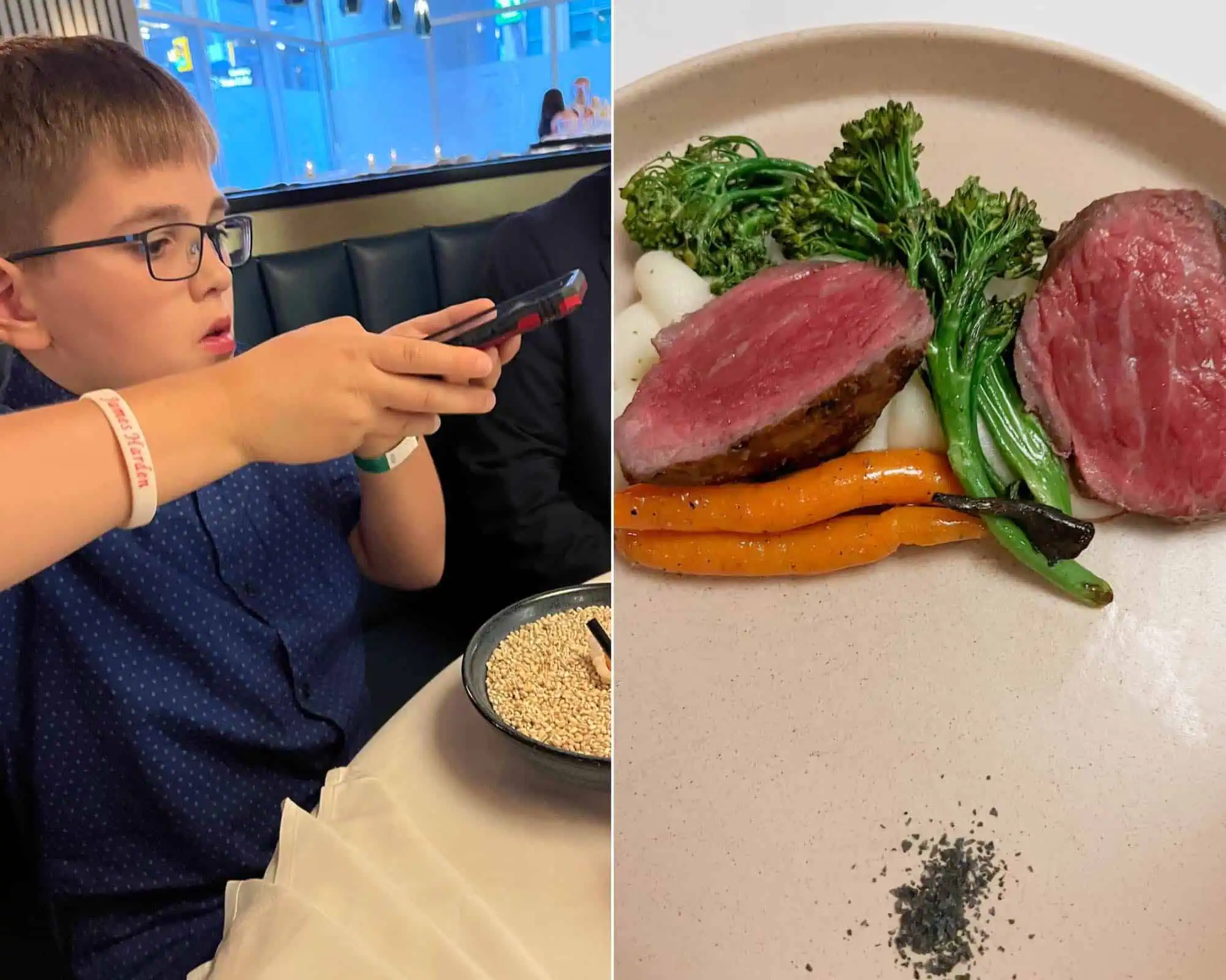 Budding foodie taking photos of his amuse bouche and main of wagyu beef. 