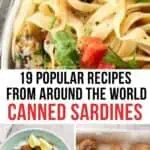 A collage of tinned sardine recipes including Mexican sardines, fish balls and pasta with sardines.