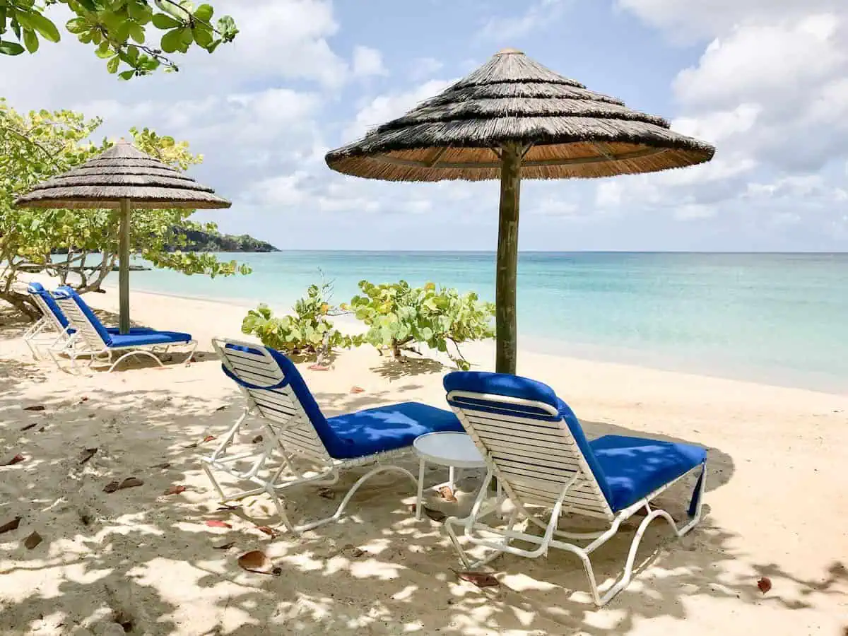 Loungers on a white sand beach. 