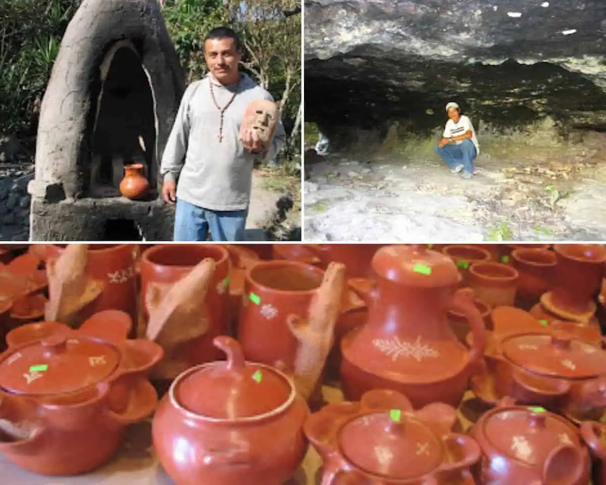 Collage of a cave in La Campa and Lenca pottery, 
