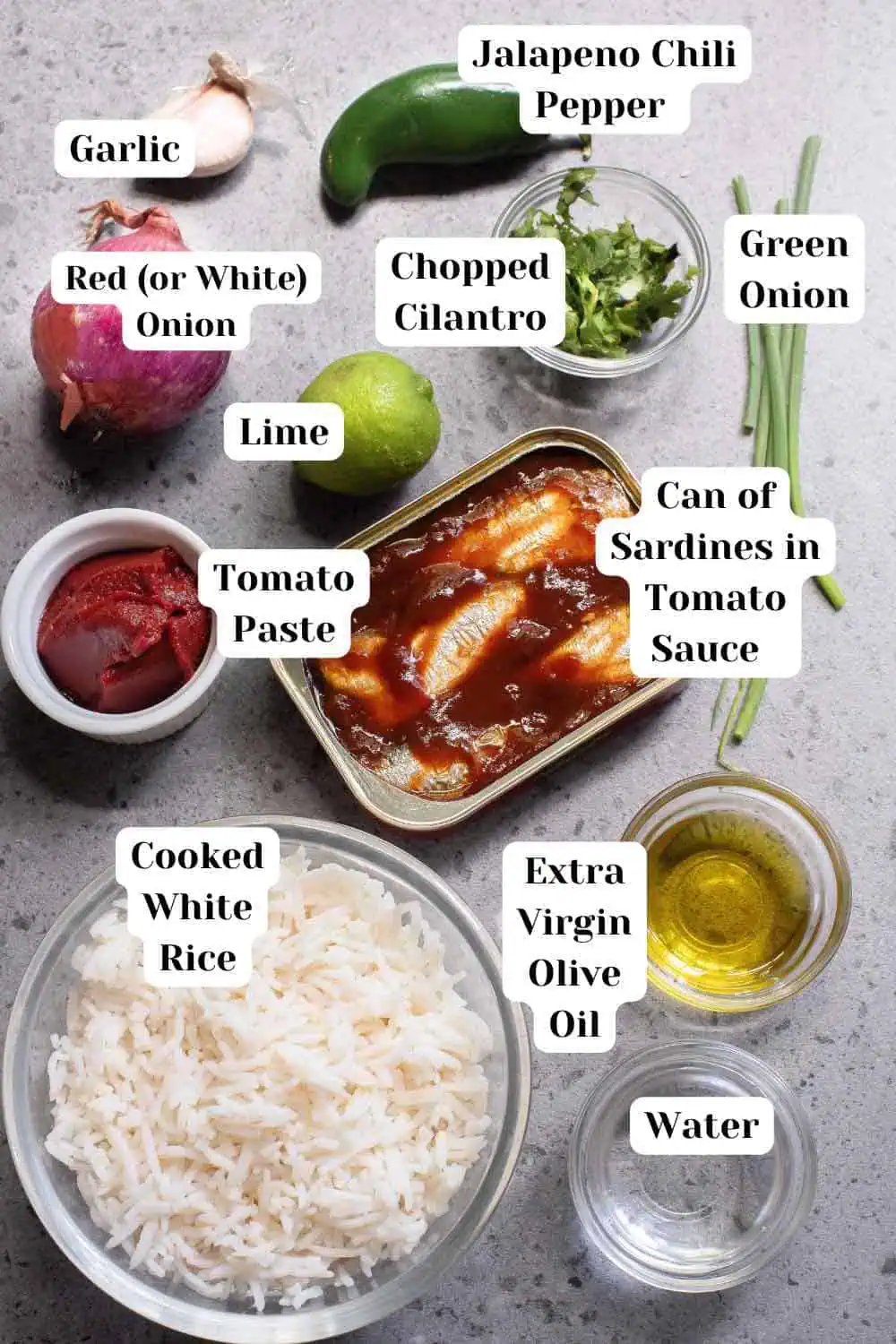Ingredients for spicy sardines in tomato sauce.