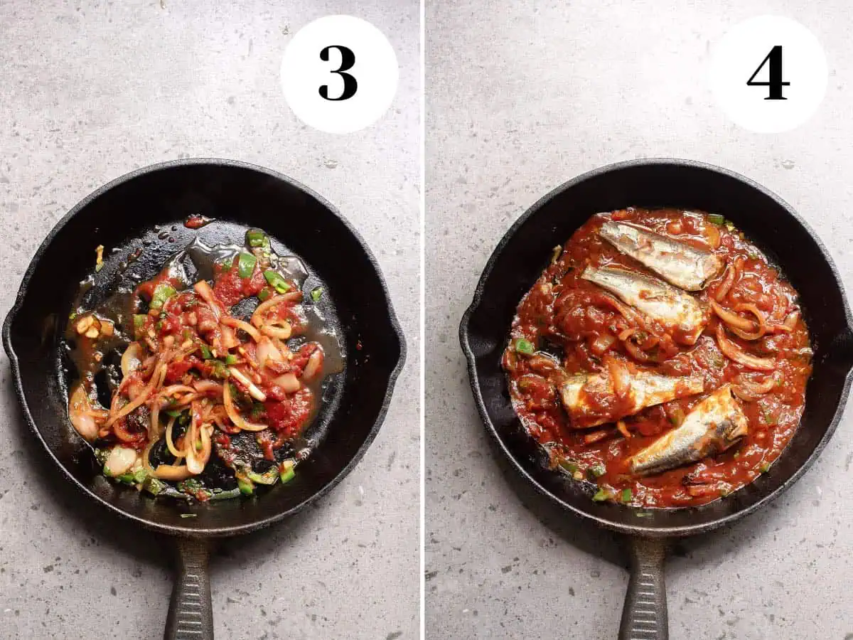 Process shot of cooking canned sardines in tomato sauce in a frying pan.