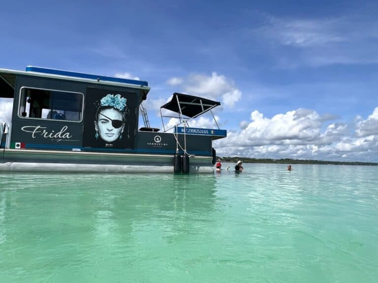 A pontoon tour is one of the top things to do in Bacalar, Mexico.