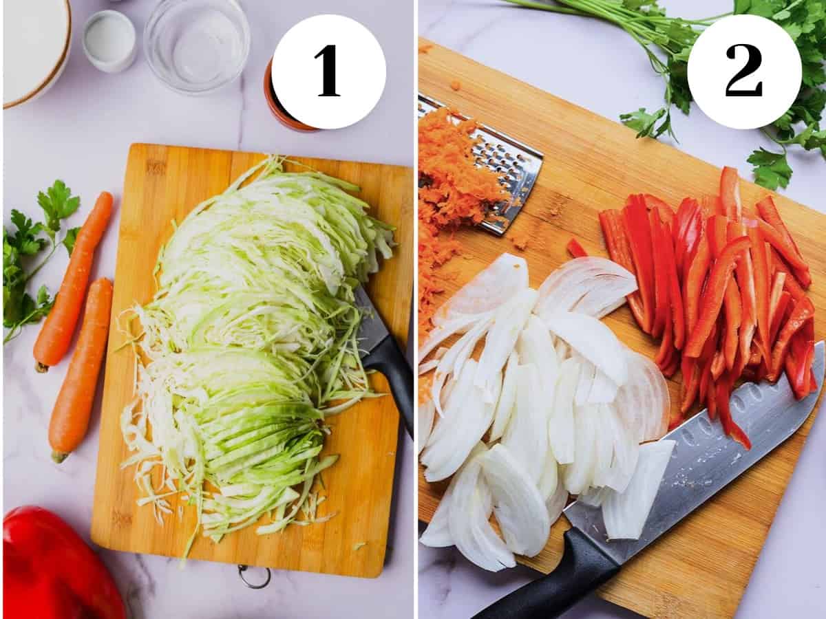 Chopping green cabbage finely, shredding carrots and slicing onions and bell pepper for curtido.