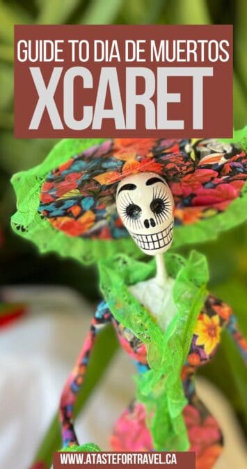 Pinterest image of a catrina at Xcaret Park for Day of the Dead 
