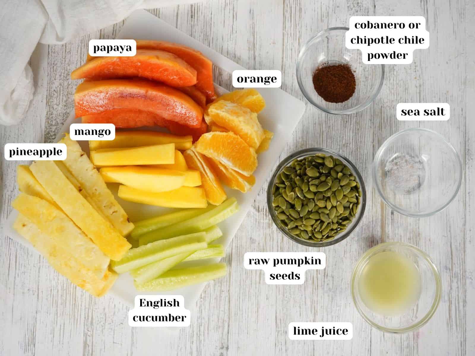 Ingredients to make pepitoria with fruit on a table. 